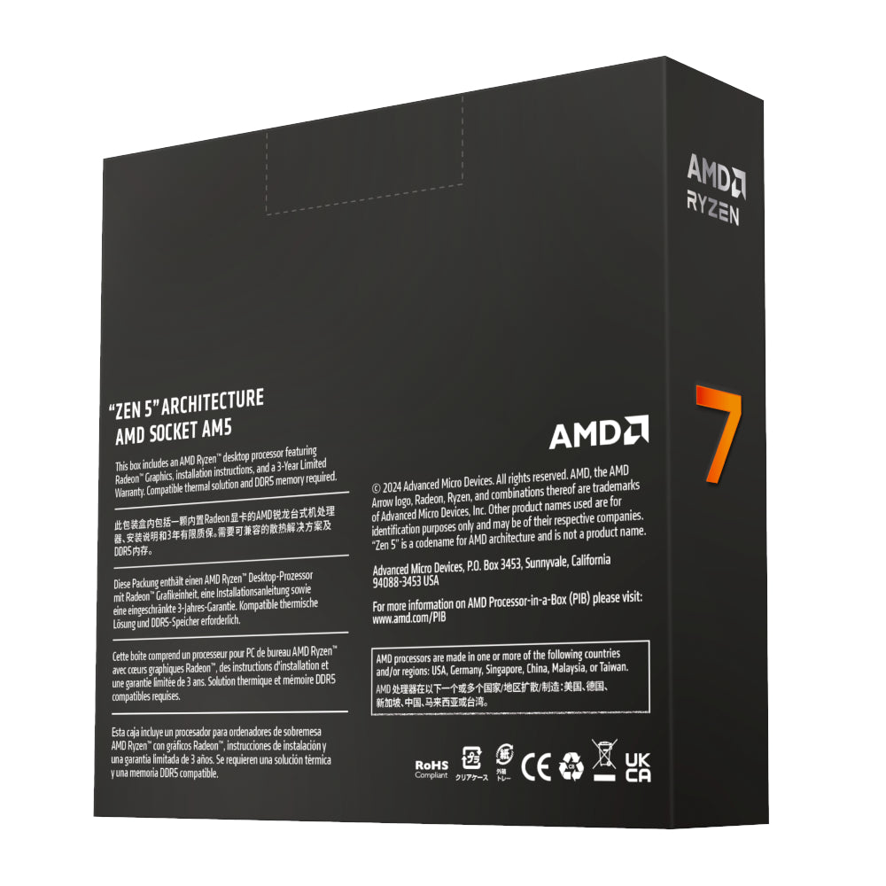 AMD Ryzen 7 9700X 8-Core/16-Threads;Socket AM5;Base Clock 3.8GHz; Max Boost 5.5 40MB Cache;65W Processor with Radeon GraphicsBOX
