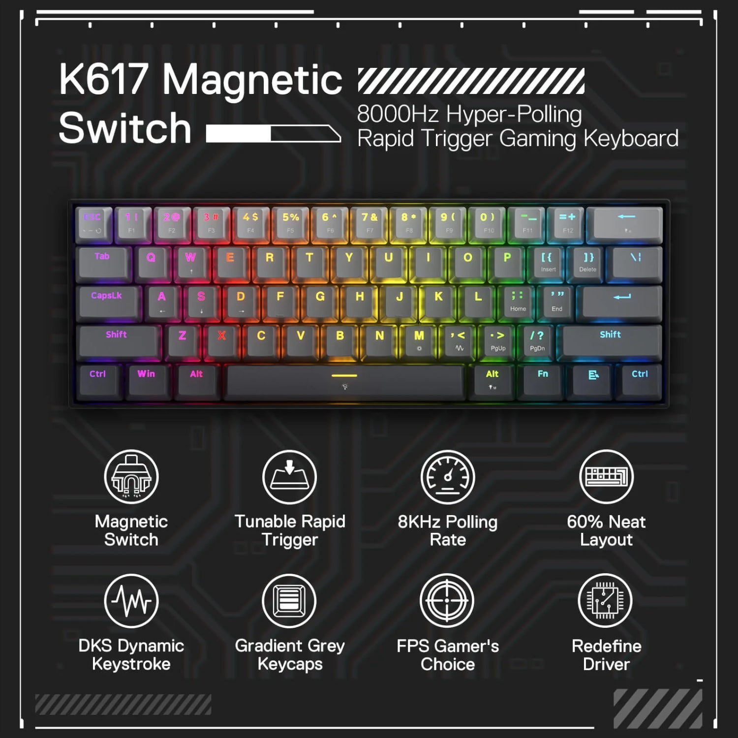 Redragon K617 FIZZ Rapid Trigger 60% Magnet Hall Switch Wired RGB Gaming Keyboard